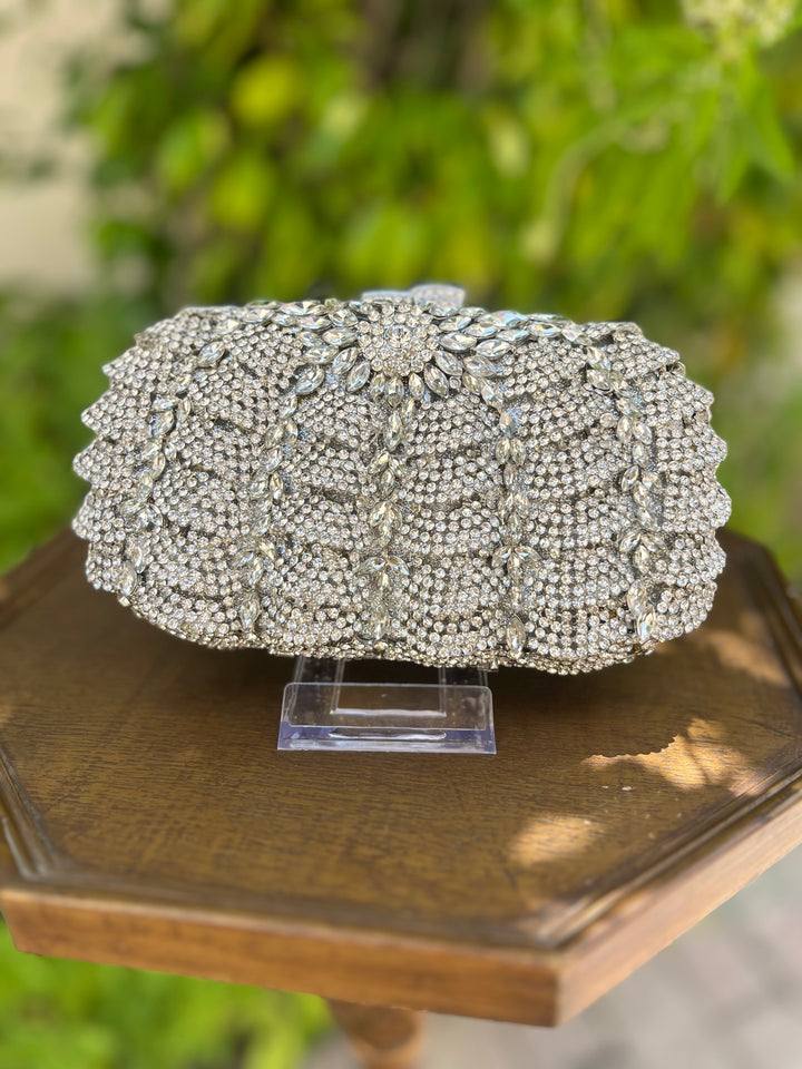 Elegant Silver Rhinestone Sparkling Evening Clutch Purse | House of Inaayat