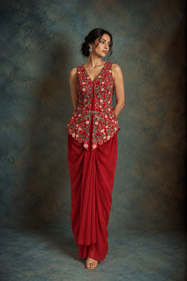 Red Embellished Peplum Top with Drape Skirt| AURAROZE
