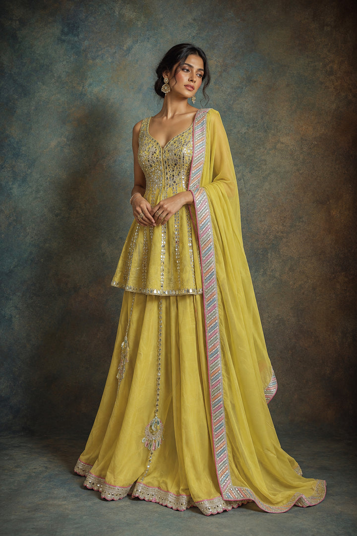 Yellow Embellished Peplum Top and Flowy Pant Set| AURAROZE