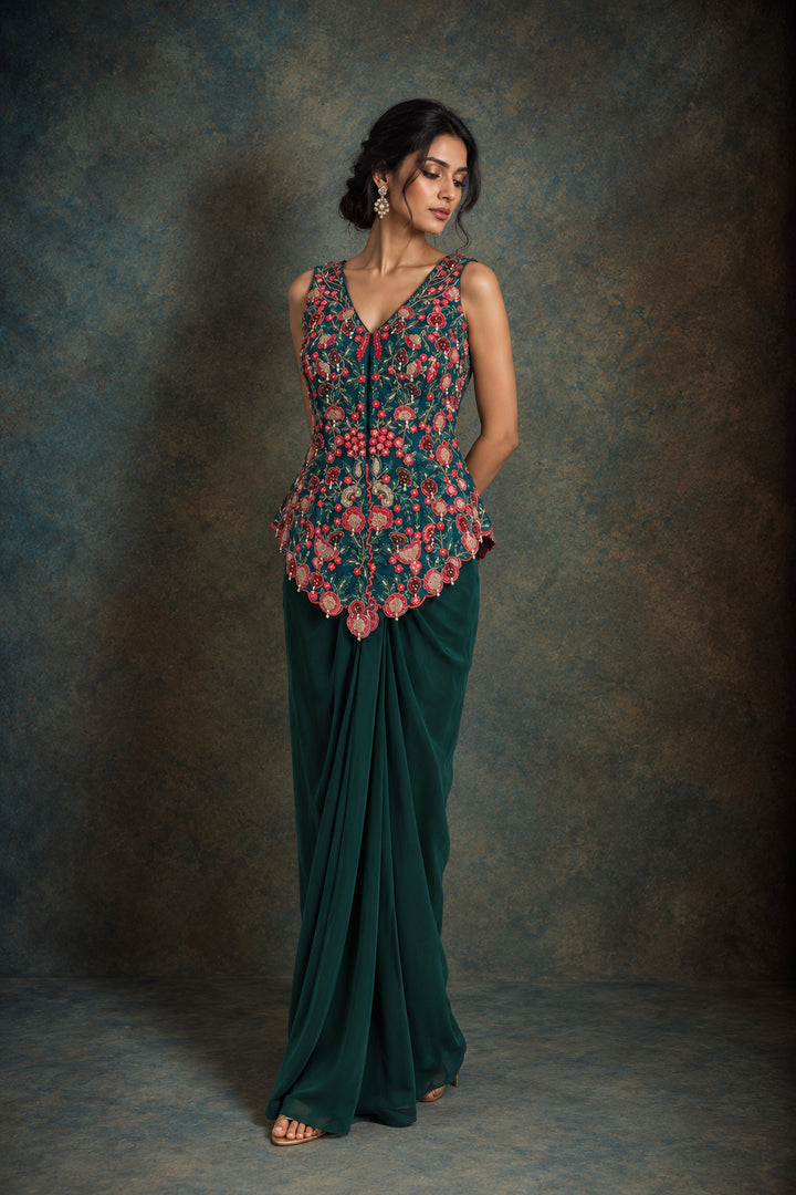 Dark Green Embellished Peplum Top with Drape Skirt| AURAROZE