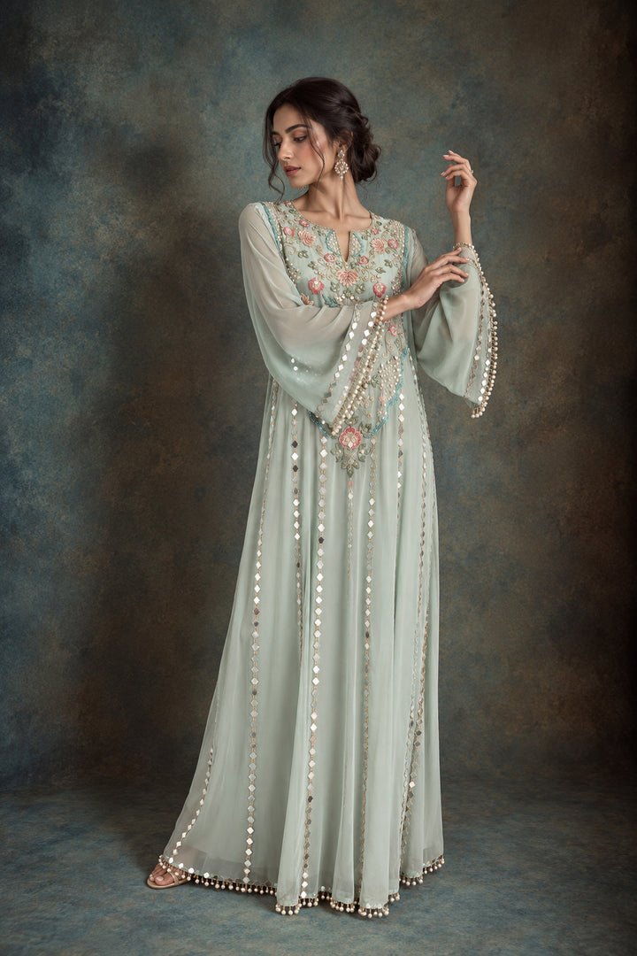 Sea Blue Embroidered Long Kaftan Dress| AURAROZE