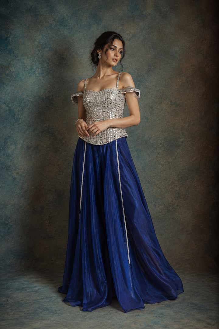 Royal Blue Embellished Corset Top with Pants| AURAROZE