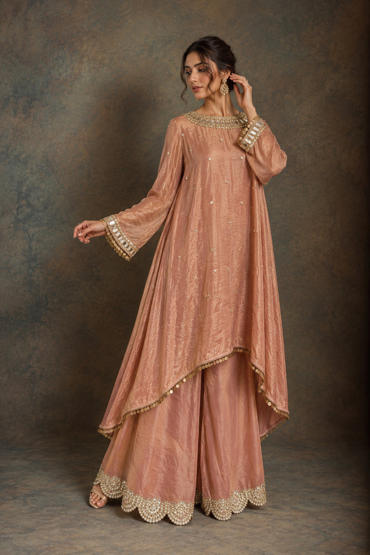 Elegant Peach Embellished High-Low Kurti Set | AURAROZE