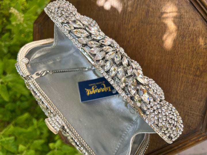 Elegant Silver Rhinestone Sparkling Evening Clutch Purse | House of Inaayat