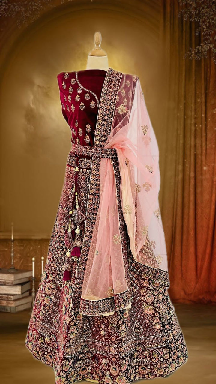 Shagun Wine and Gold Velvet Net Lehenga (Unstitched) | Inaayat by Divya Taimni