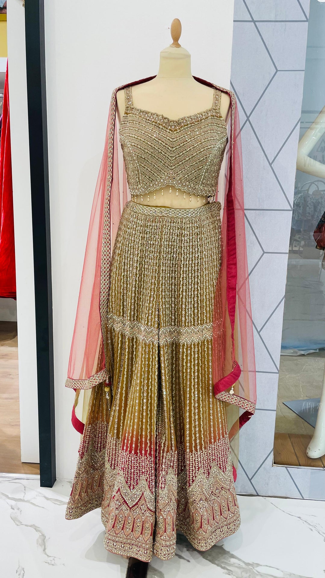 Zainab Gold, Lime and Pink Zari Work Beaded Bridal Sharara Set | Inaayat by Divya Taimni