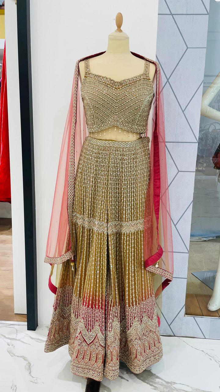 Zainab Gold, Lime and Pink Zari Work Beaded Bridal Sharara Set | Inaayat by Divya Taimni