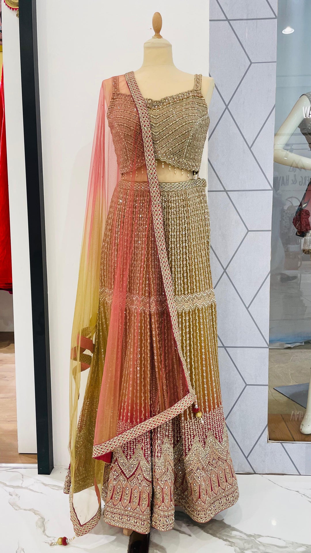Zainab Gold, Lime and Pink Zari Work Beaded Bridal Sharara Set | Inaayat by Divya Taimni