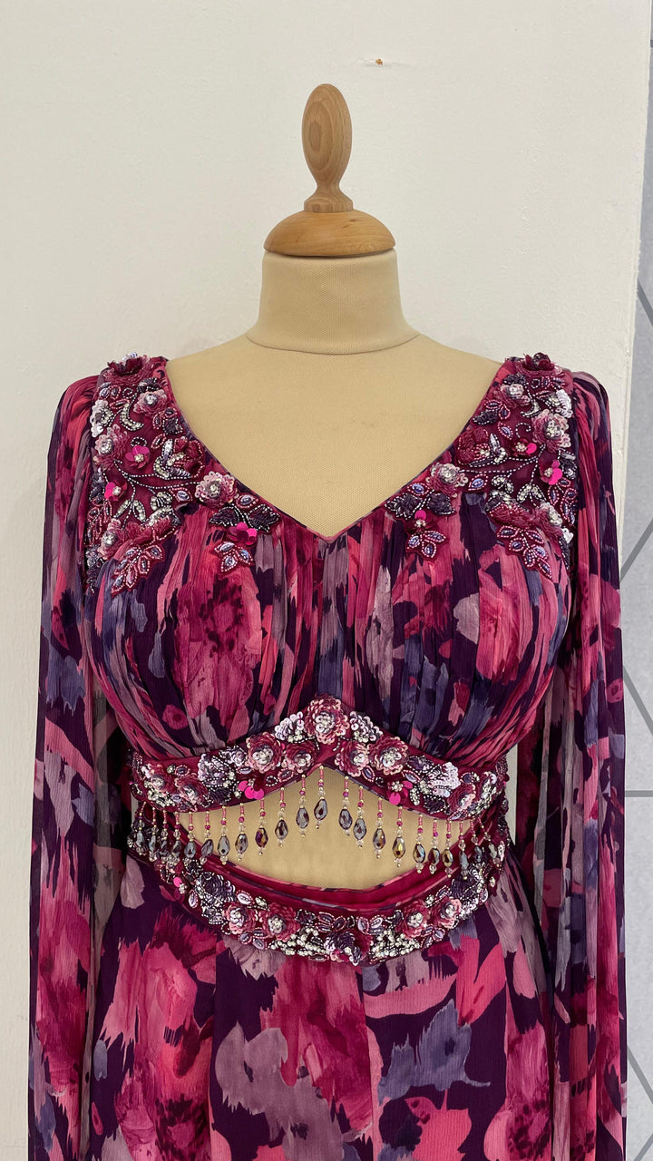 Kiara Purple & Pink Floral Showstopper Georgette Beaded Sharara Set with Dramatic Sleeves | Inaayat by Divya Taimni