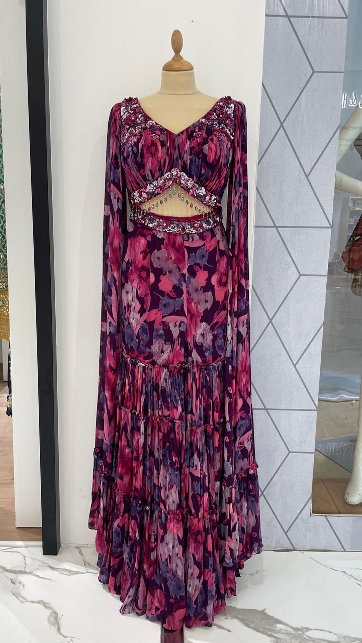 Kiara Purple & Pink Floral Showstopper Georgette Beaded Sharara Set with Dramatic Sleeves | Inaayat by Divya Taimni