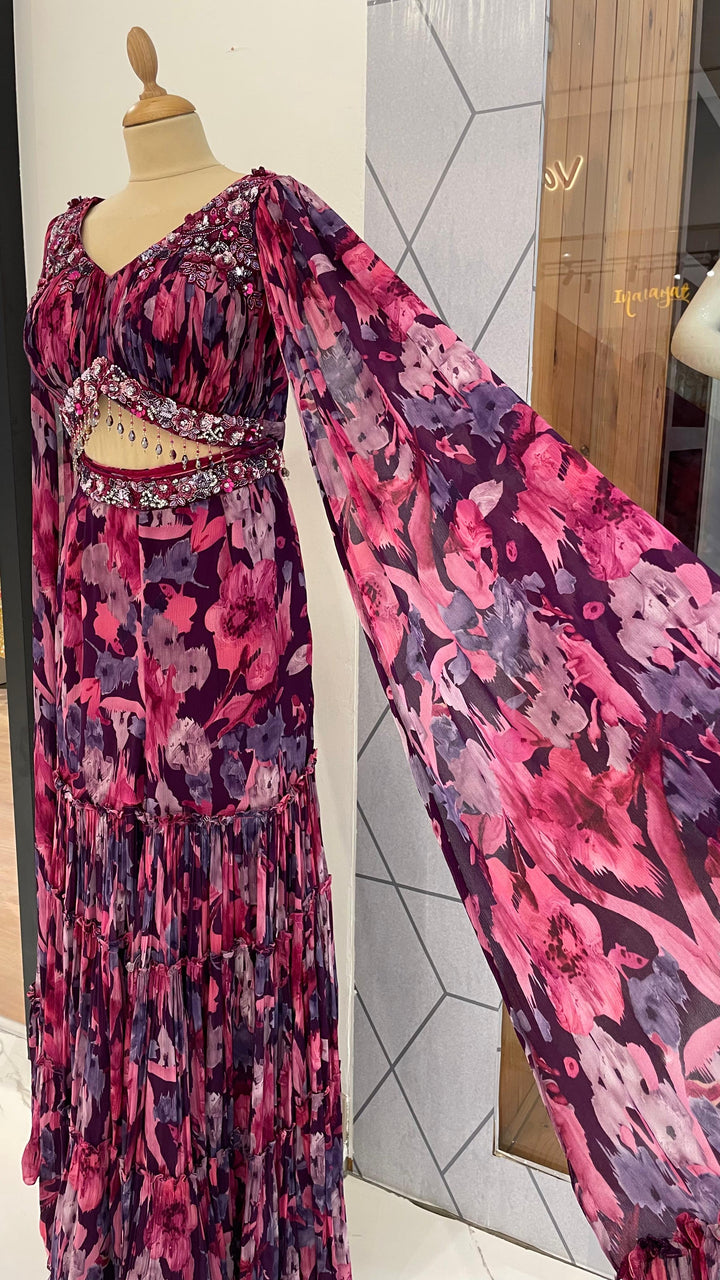 Kiara Purple & Pink Floral Showstopper Georgette Beaded Sharara Set with Dramatic Sleeves | Inaayat by Divya Taimni