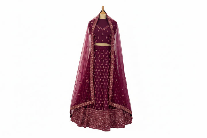 Amani Wine Monochromatic Satin and Net Lehenga Set (Unstitched)| Inaayat by Divya Taimni