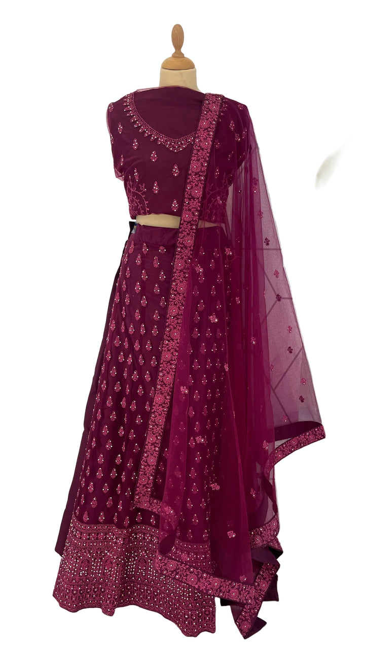 Amani Wine Monochromatic Satin and Net Lehenga Set (Unstitched)| Inaayat by Divya Taimni