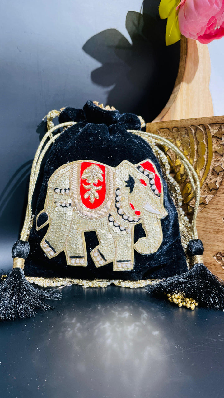 Black Festive Elephant Potli Drawstring Potli | House of Inaayat