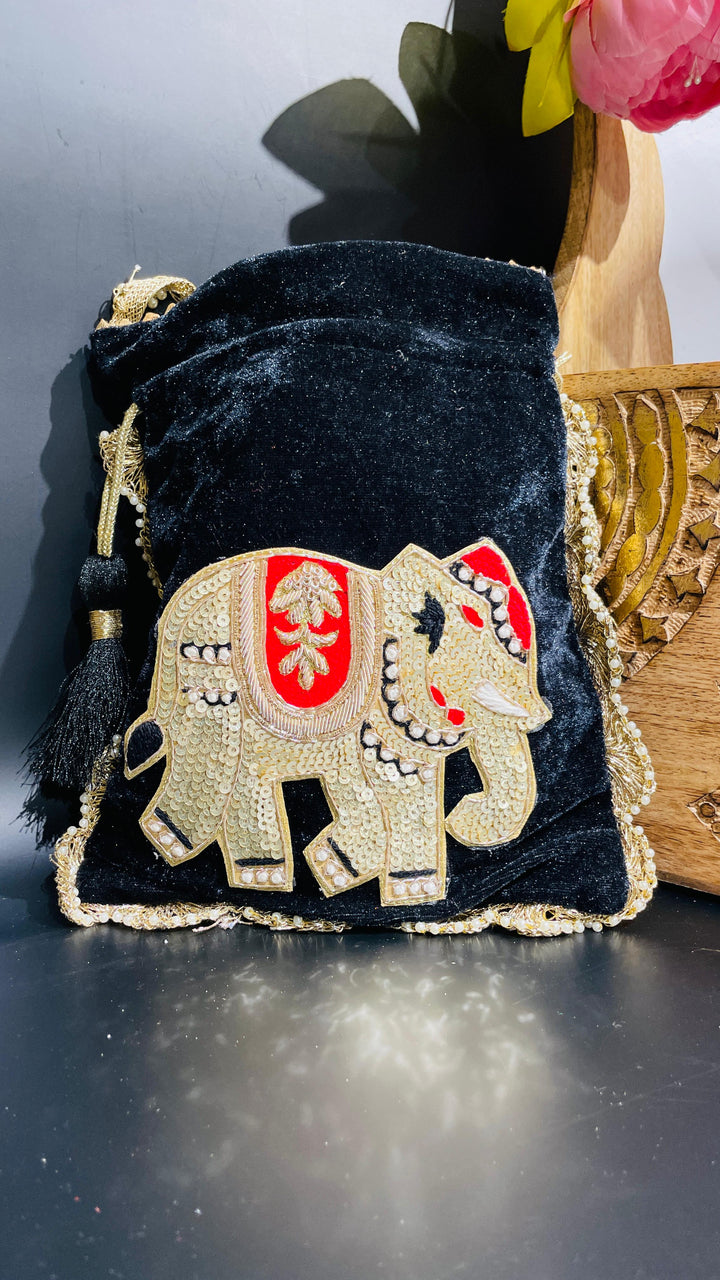 Black Festive Elephant Potli Drawstring Potli | House of Inaayat
