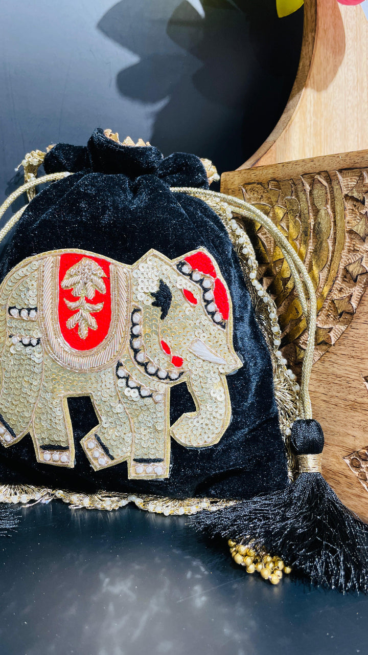 Black Festive Elephant Potli Drawstring Potli | House of Inaayat