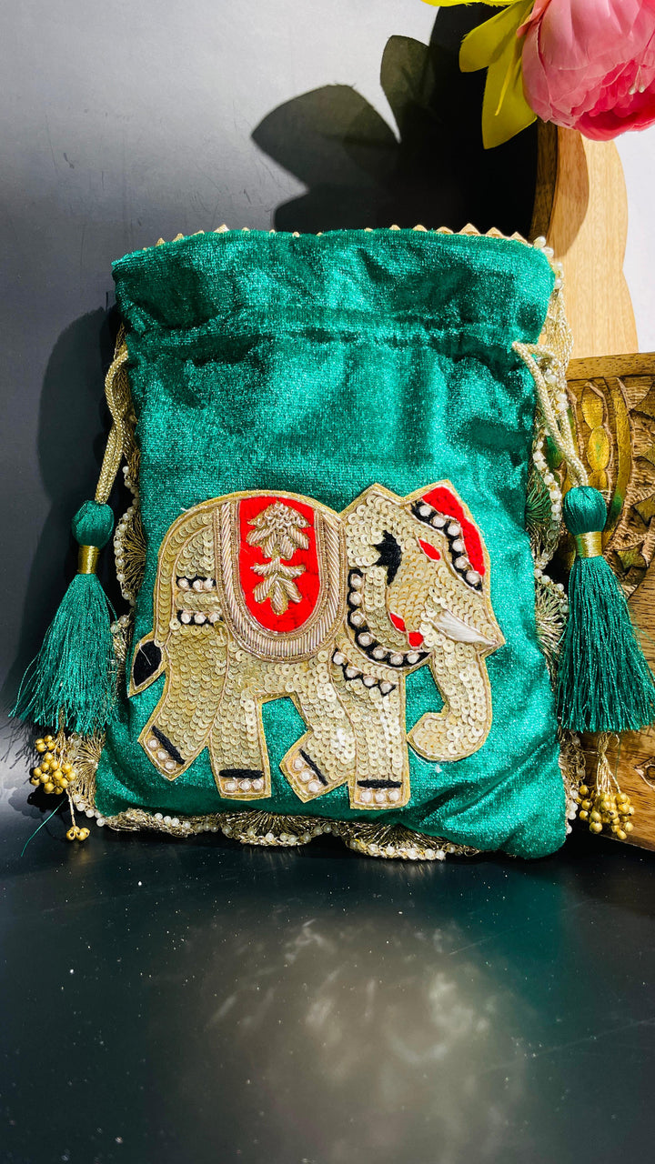 Black Festive Elephant Potli Drawstring Potli | House of Inaayat