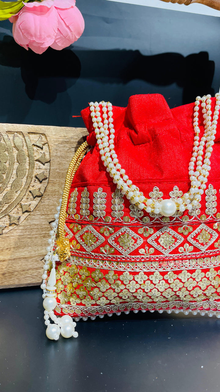 Red Festive Rose Potli Drawstring Bag |House of inaayat