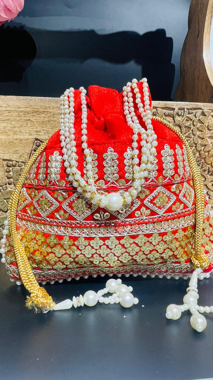 Red Festive Rose Potli Drawstring Bag |House of inaayat