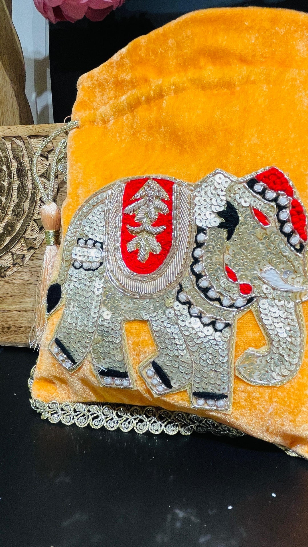 Black Festive Elephant Potli Drawstring Potli | House of Inaayat