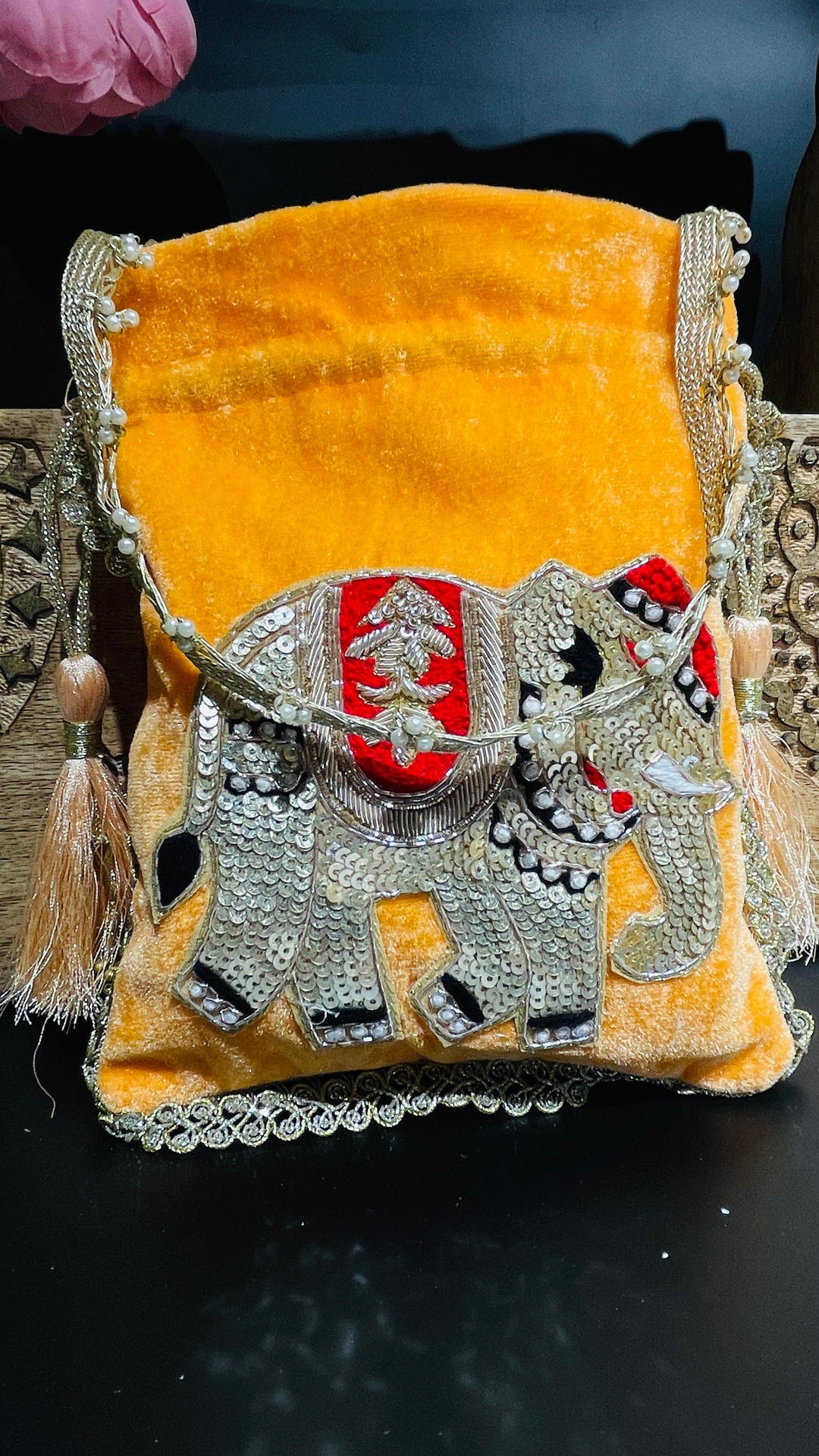 Black Festive Elephant Potli Drawstring Potli | House of Inaayat