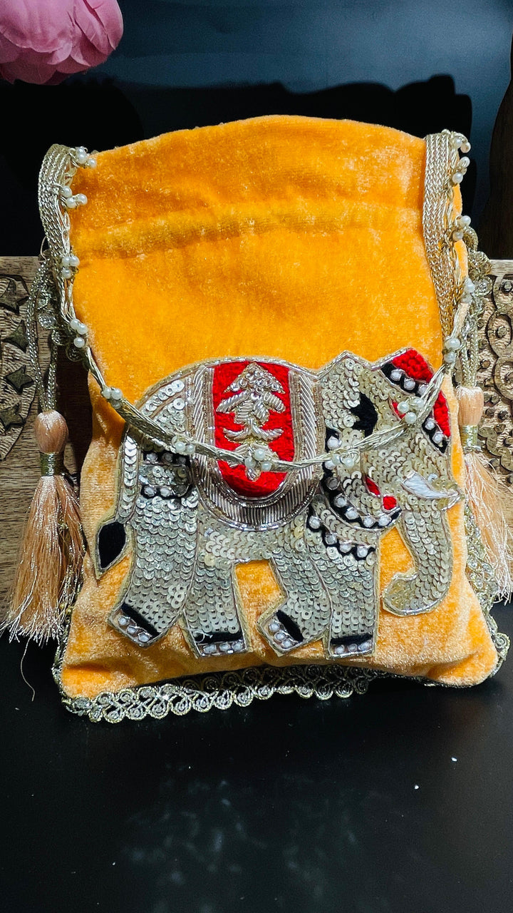 Black Festive Elephant Potli Drawstring Potli | House of Inaayat