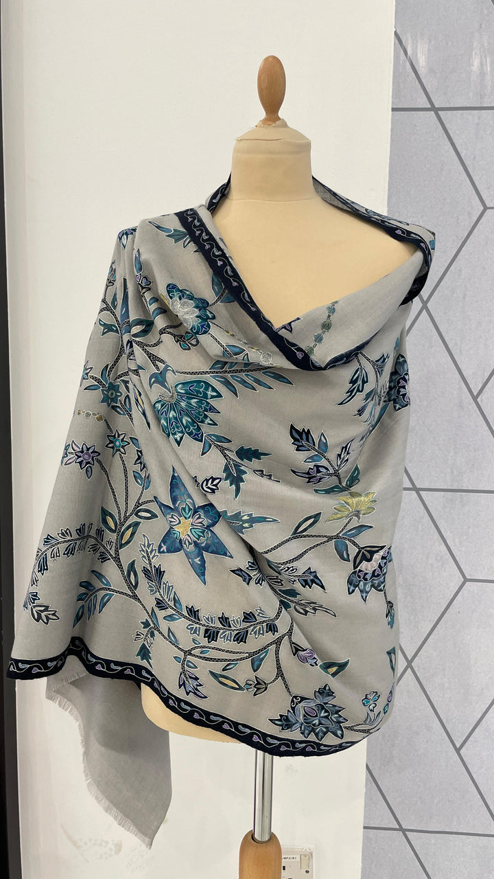Shipra Grey Kalamkari Pashmina Scarf | House of Inaayat