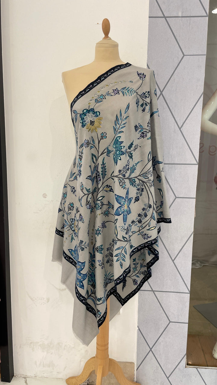 Shipra Grey Kalamkari Pashmina Scarf | House of Inaayat