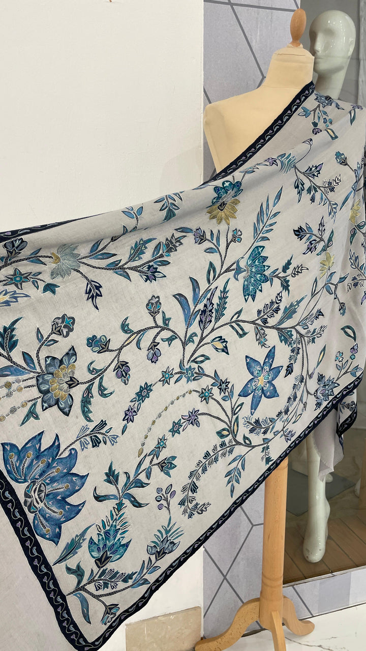 Shipra Grey Kalamkari Pashmina Scarf | House of Inaayat