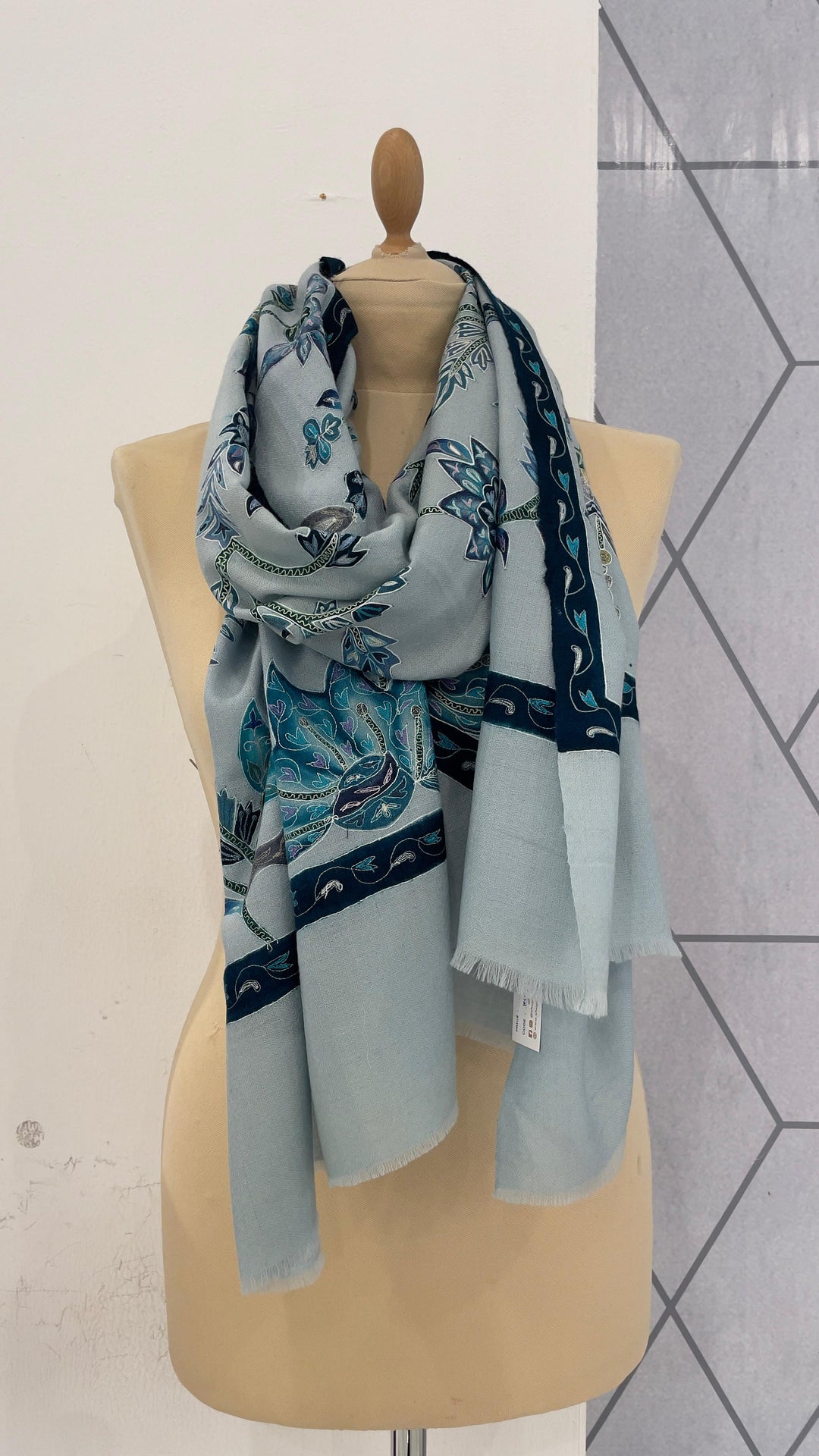 Shipra ice Blue Kalamkari Pashmina Scarf | House of Inaayat