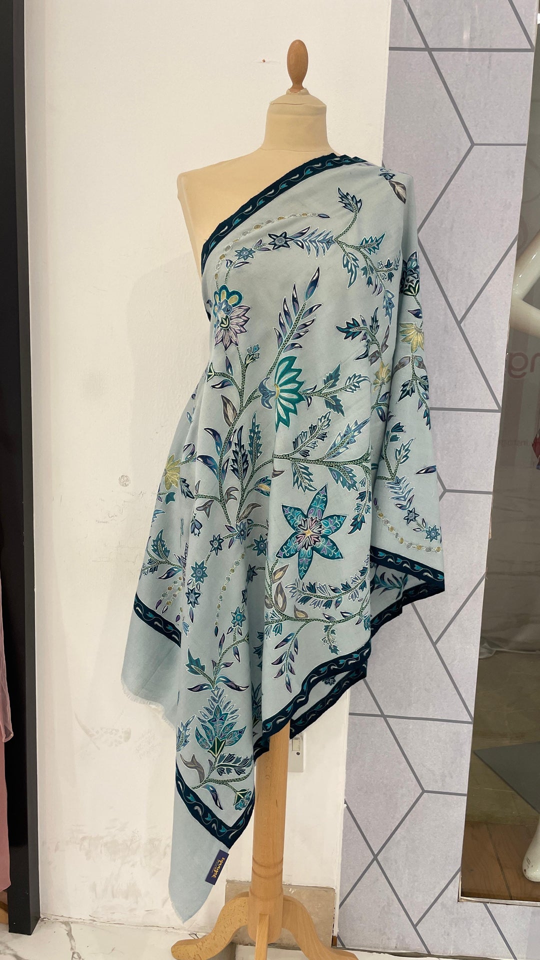 Shipra ice Blue Kalamkari Pashmina Scarf | House of Inaayat