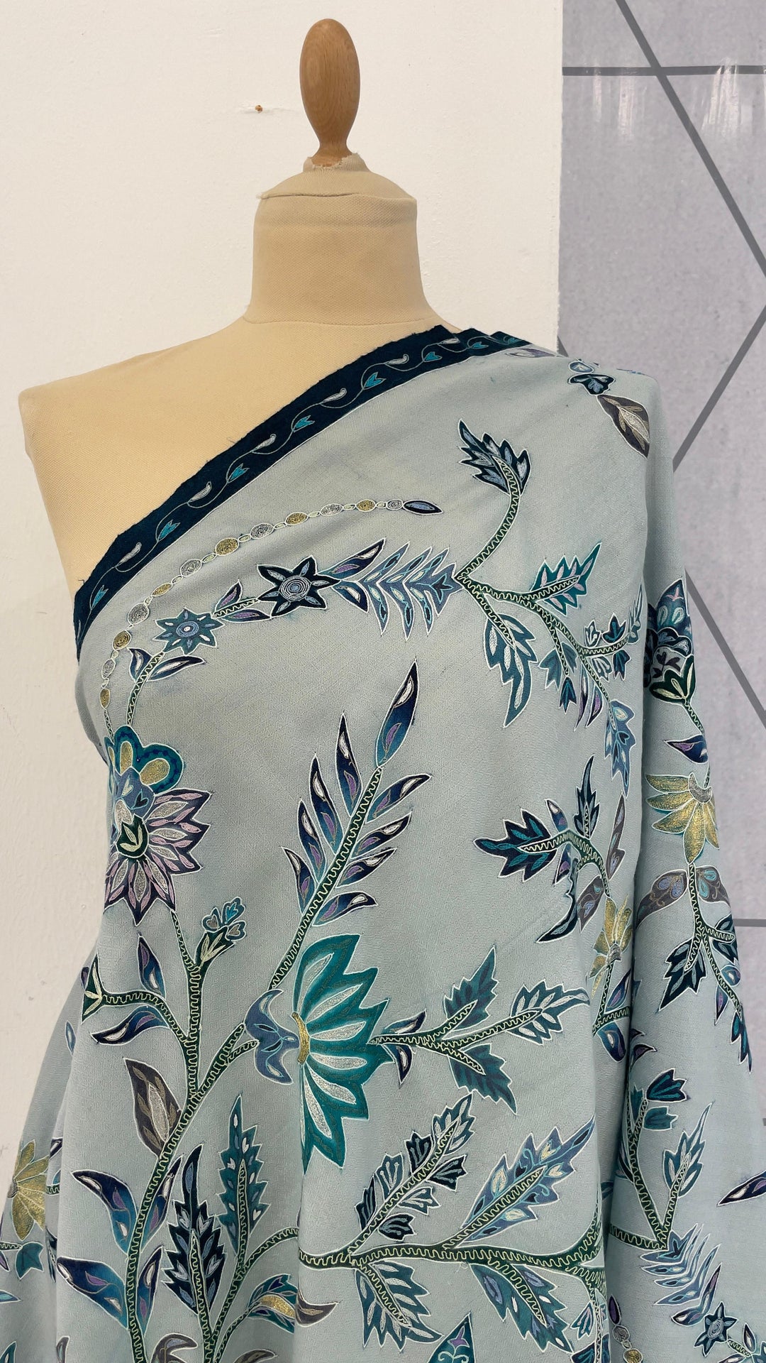 Shipra ice Blue Kalamkari Pashmina Scarf | House of Inaayat
