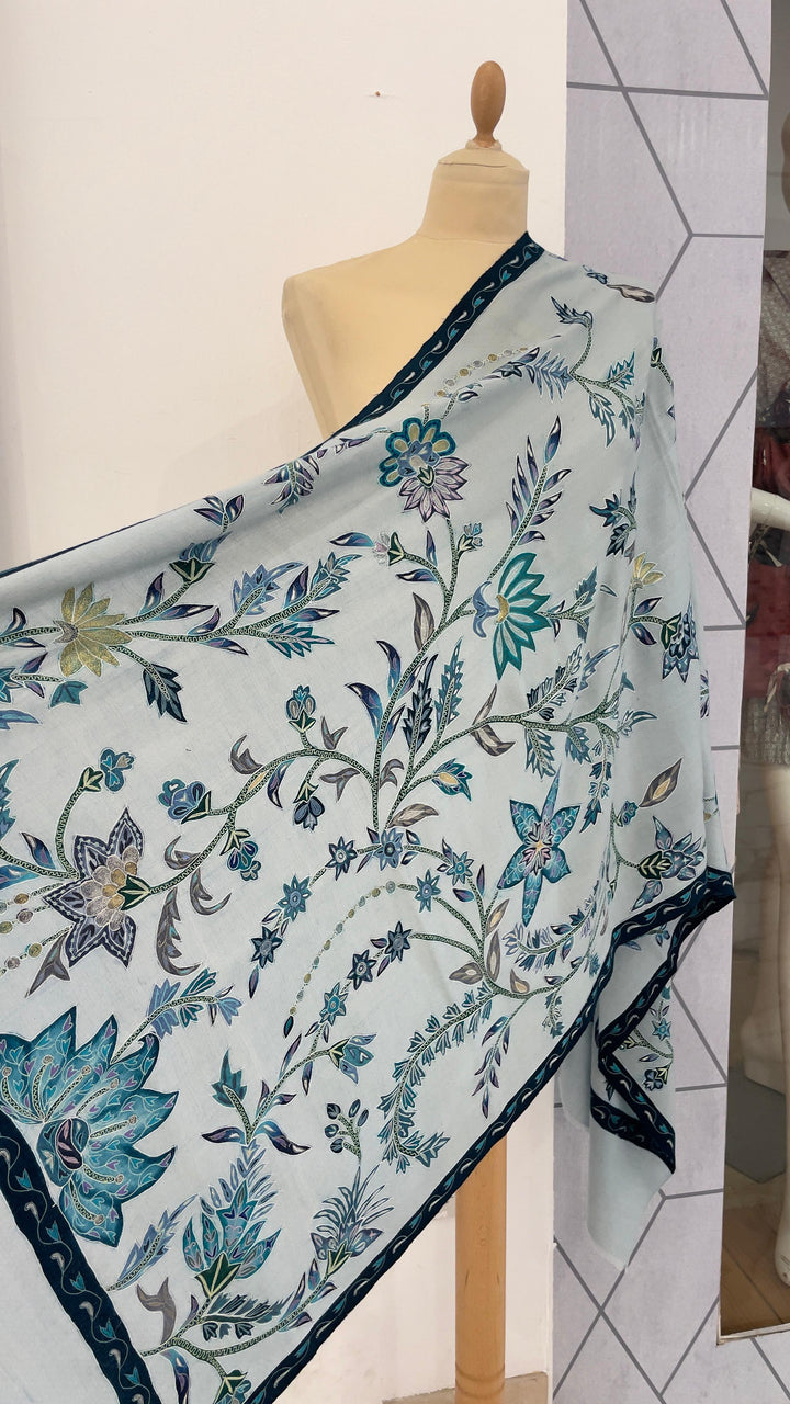 Shipra ice Blue Kalamkari Pashmina Scarf | House of Inaayat