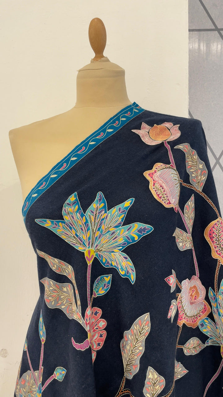 Shipra Midnight Blue Kalamkari Pashmina Scarf | House of Inaayat