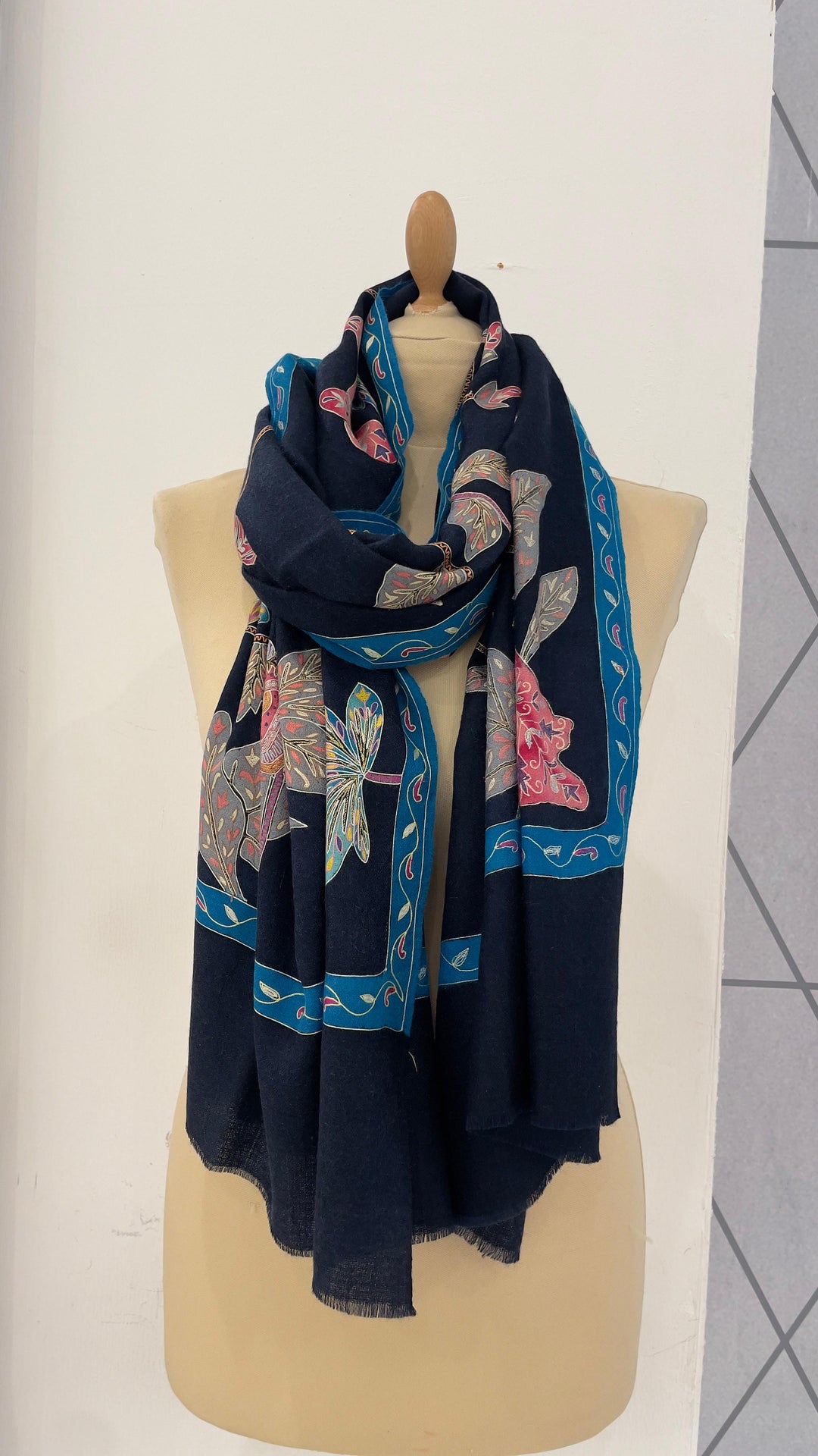Shipra Midnight Blue Kalamkari Pashmina Scarf | House of Inaayat