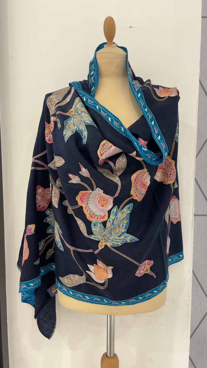 Shipra Midnight Blue Kalamkari Pashmina Scarf | House of Inaayat