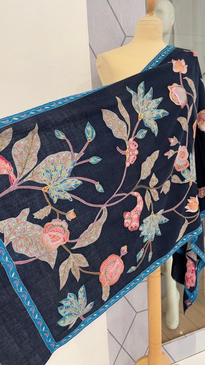 Shipra Midnight Blue Kalamkari Pashmina Scarf | House of Inaayat