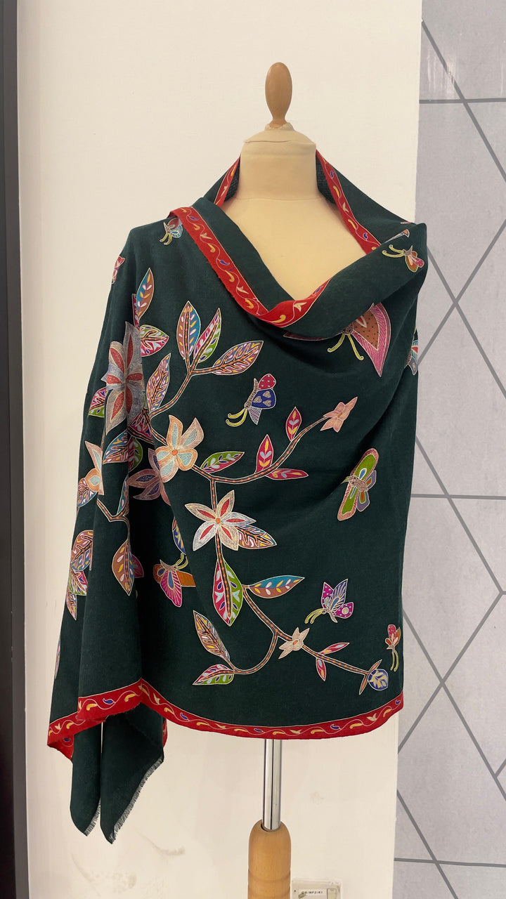 Shipra Forest Green Kalamkari Pashmina Scarf | House of Inaayat