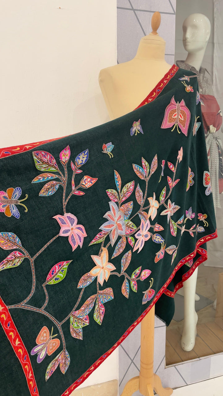 Shipra Forest Green Kalamkari Pashmina Scarf | House of Inaayat