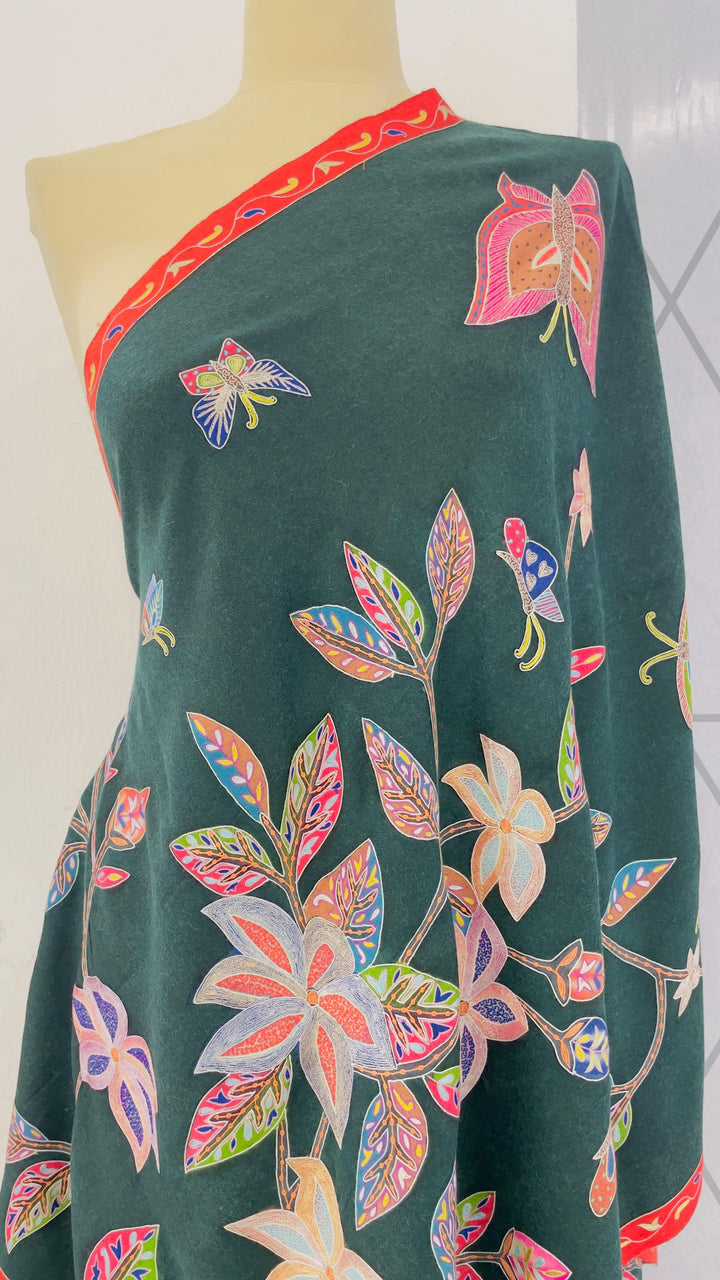 Shipra Forest Green Kalamkari Pashmina Scarf | House of Inaayat