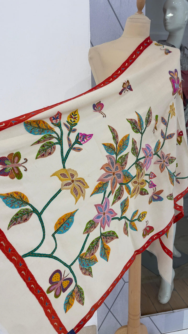 Shipra White Kalamkari Pashmina Scarf | House of Inaayat
