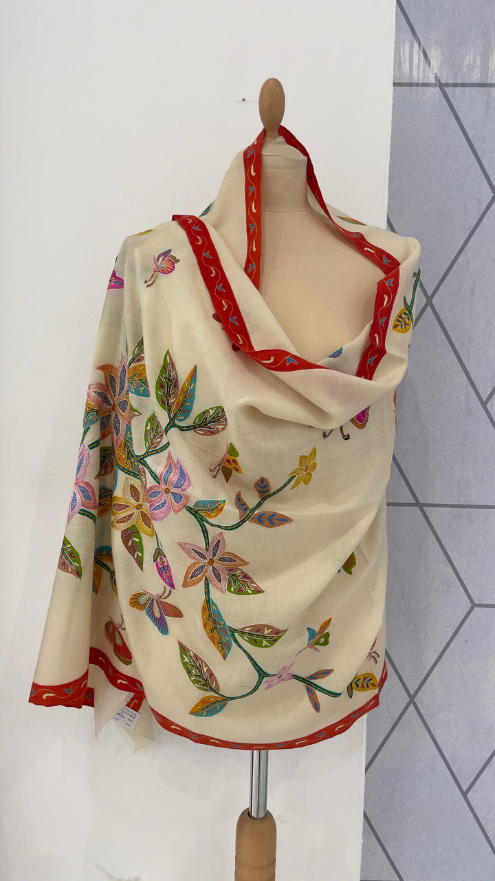 Shipra White Kalamkari Pashmina Scarf | House of Inaayat