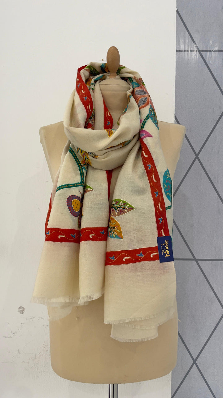 Shipra White Kalamkari Pashmina Scarf | House of Inaayat