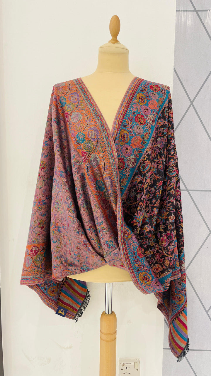 Janvi Black & Turquiose Mixed Cashmere Scarf | House of Inaayat