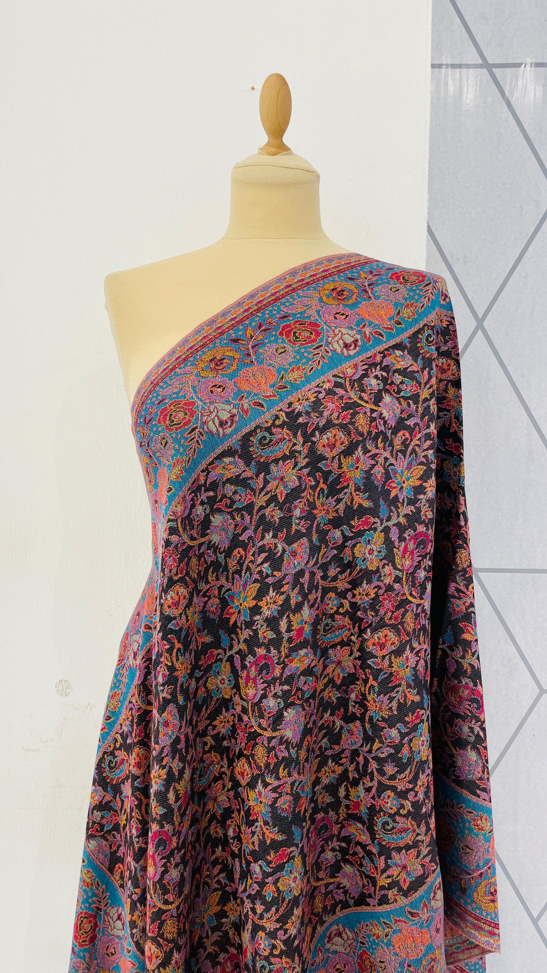 Janvi Black & Turquiose Mixed Cashmere Scarf | House of Inaayat