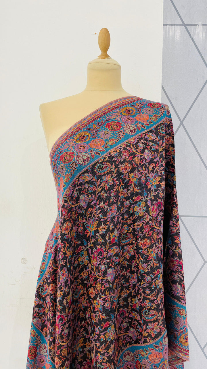 Janvi Black & Turquiose Mixed Cashmere Scarf | House of Inaayat
