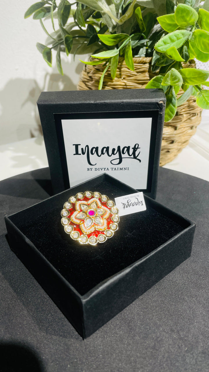 Red With Pearl Meenakari Adajustable Ring |Inaayat by Divya Taimni