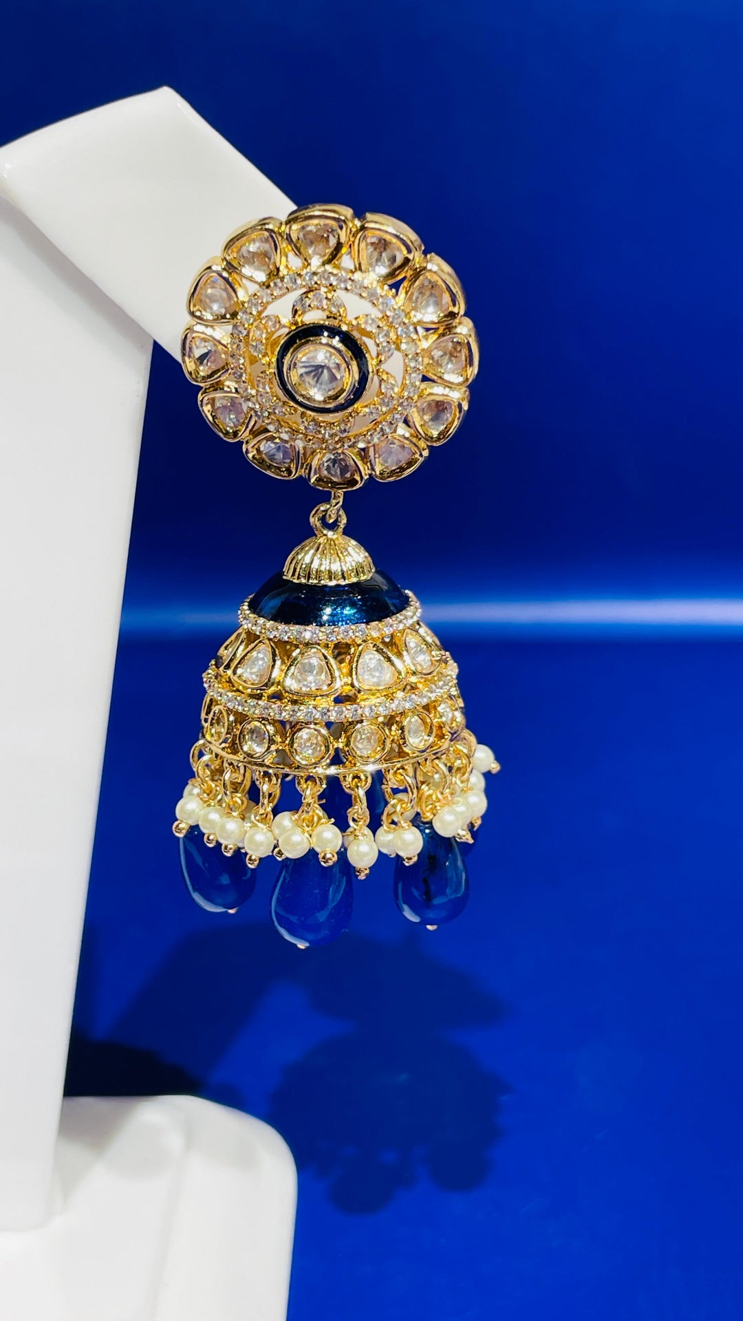 Jhumka Earrings with Pink Beads, Kundan and Enamel