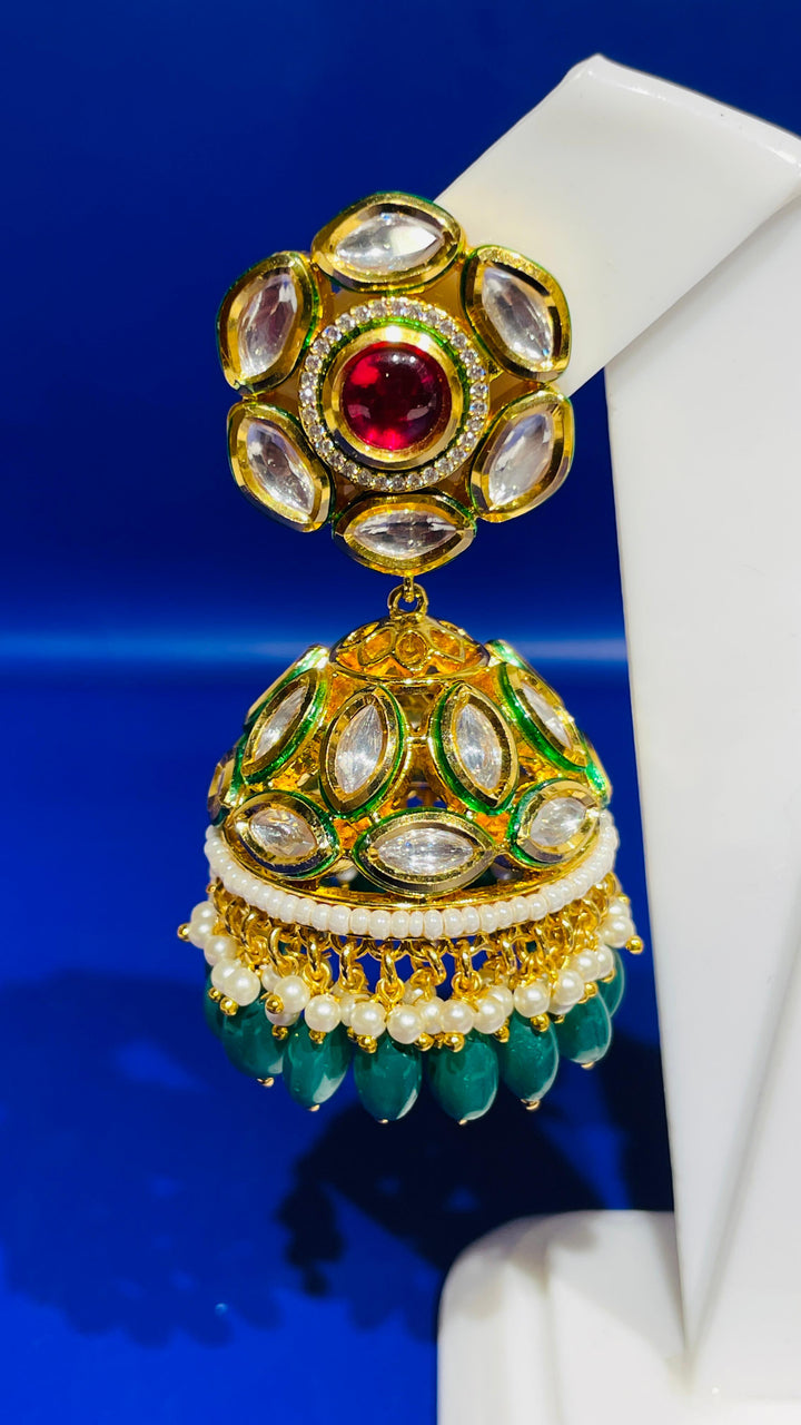 Emerald Green Jhumka with Green Drop Earring |Inaayat by Divya Taimni