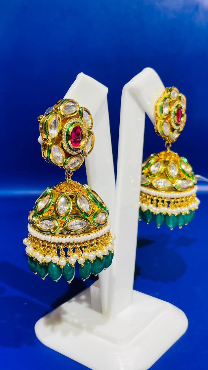 Emerald Green Jhumka with Green Drop Earring |Inaayat by Divya Taimni